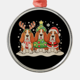 Christmas Basset Hound Santa Hat Reindeer Dog Xmas Metal Tree Decoration