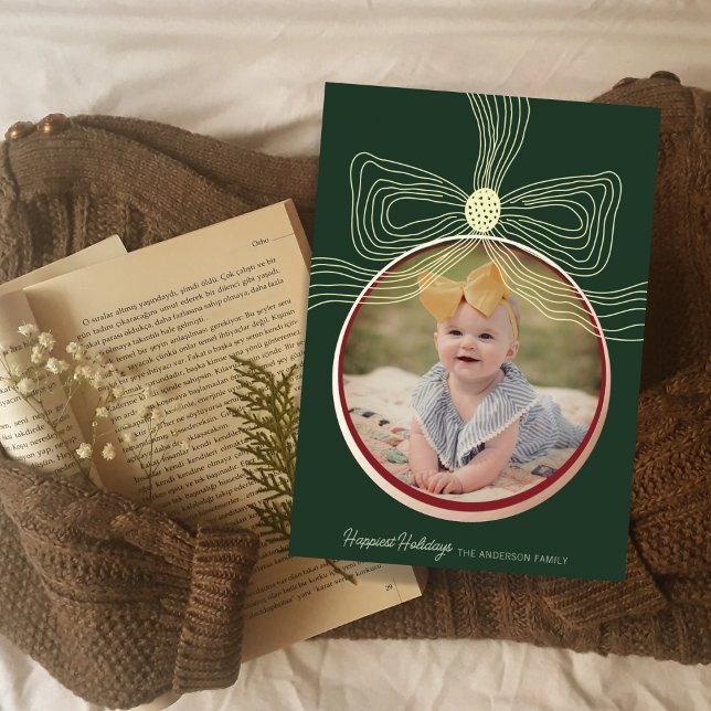 Christmas Bauble & Bow Green Gold Photo Card  (Creator Uploaded)