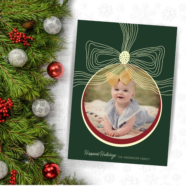 Christmas Bauble & Bow Green Red Photo Card  (Creator Uploaded)