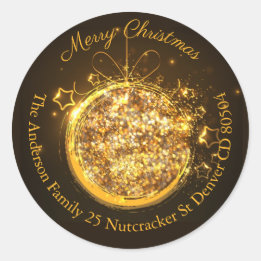 Christmas bauble gold glitter address  classic round sticker