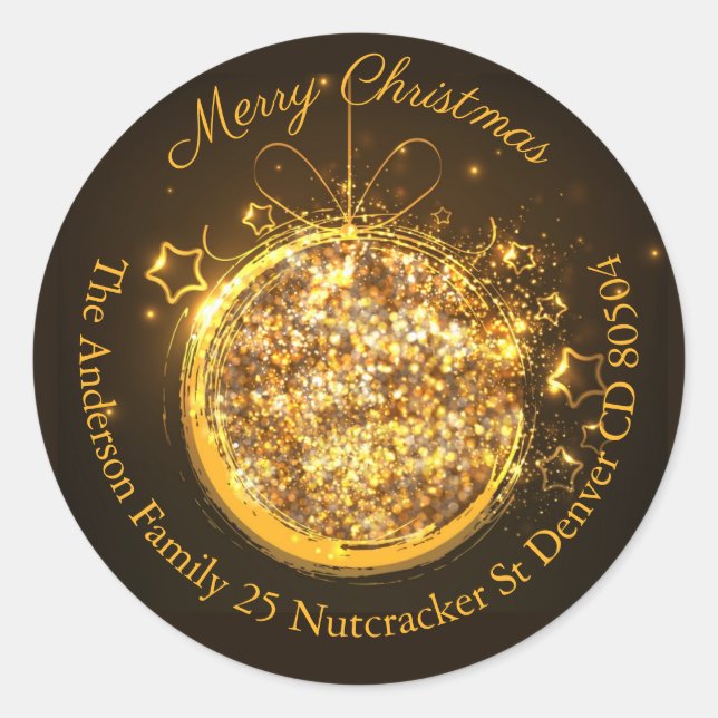 Christmas bauble gold glitter address  classic round sticker (Front)