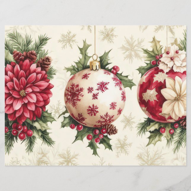 Christmas Baubles and Flowers Scrapbook Paper (Front)