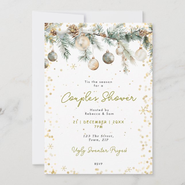 Christmas baubles couples shower invitation (Front)