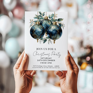 Christmas Baubles Navy Gold Holiday  Invitation