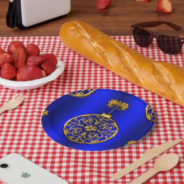 Christmas Baubles on Blue Paper Plate (Picnic)