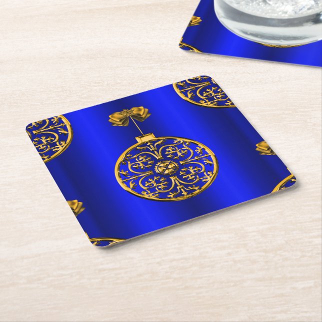 Christmas Baubles on Blue Square Paper Coaster (Angled)