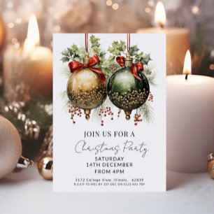 Christmas Baubles Red Green Gold Holiday  Invitation