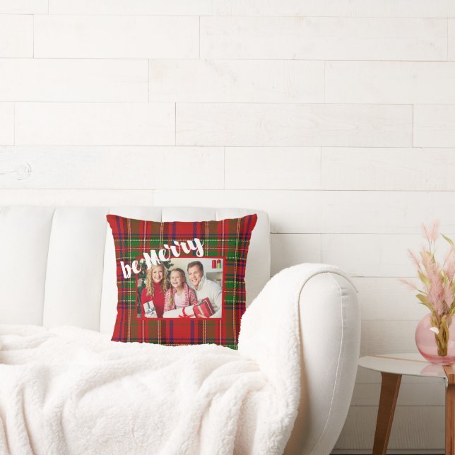 Christmas, Be Merry, Red Tartan Plaid Photo Cushion (Couch)