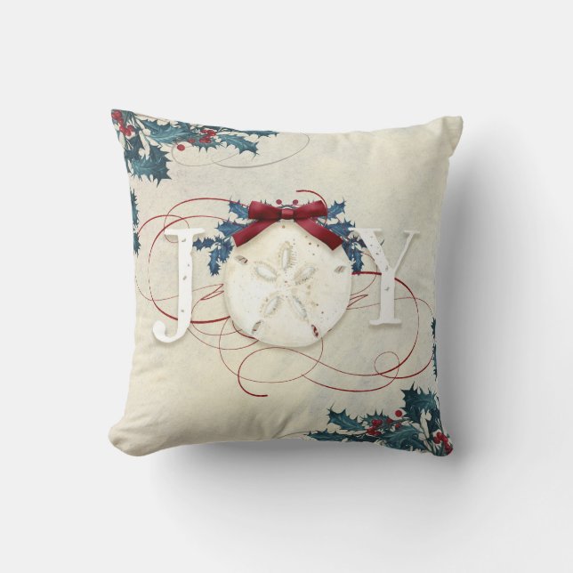 Christmas Beach Coastal Joy Sand Dollar Blue Holly Cushion (Front)