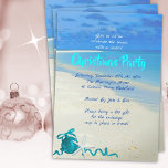 Christmas Beach Party Sand and Sea Invitation<br><div class="desc">Holiday house party invitation with a tropical beach theme.  Blue sky,  blue ocean and beach sand are the backdrop for lines of custom text.  Decorated with a tree ornament,  ribbon and a starfish / sea star.  Tropical colours of blue aqua and teal.</div>