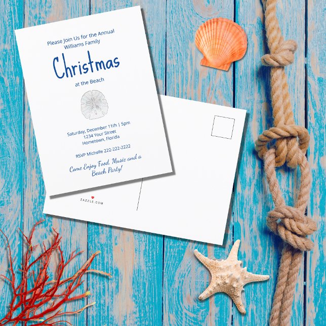 Christmas Beach Party Tropical Sand Dollar  Invitation Postcard (Creator Uploaded)
