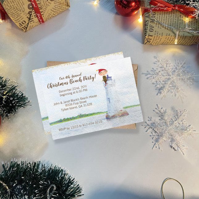 Christmas Beach Party Watercolor Lighthouse Invitation (Creator Uploaded)