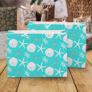 Christmas Beach Sand Dollar Starfish Coastal Aqua Large Gift Bag