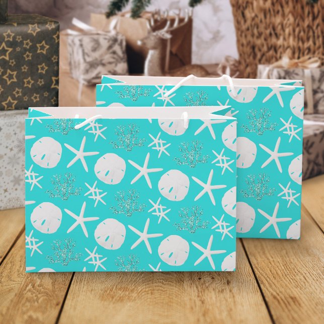 Christmas Beach Sand Dollar Starfish Coastal Aqua  Large Gift Bag (Creator Uploaded)