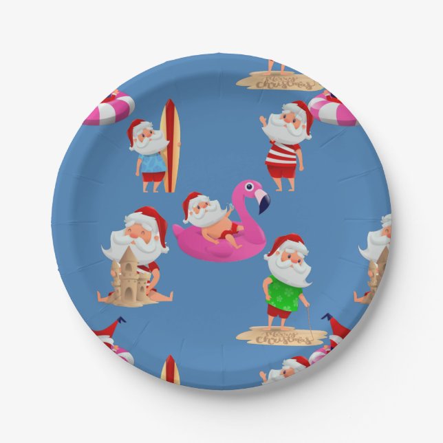christmas beach santa claus vacation paper plate (Front)