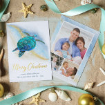 Christmas Beach Sea Turtle 3 Photo Coastal<br><div class="desc">Real gold foil adds elegance to this coastal themed Christmas card, featuring a watercolor turquoise blue sea turtle on an abstract beach background with a gold glitter sparkly wave, and gold Merry Christmas. On the back are 3 photo templates to easily personalise the cards with your favourite family photos. Check...</div>