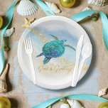 Christmas Beach Sea Turtle Seas and Greetings Paper Plate<br><div class="desc">Entertain your guests in coastal holiday style, with these tropical beach Christmas paper plates, featuring a watercolor turquoise blue sea turtle on an abstract beach background with a faux gold glitter sparkly wave, and gold Seas & Greetings. Check out the collection for more matching products, or contact me through Zazzle...</div>