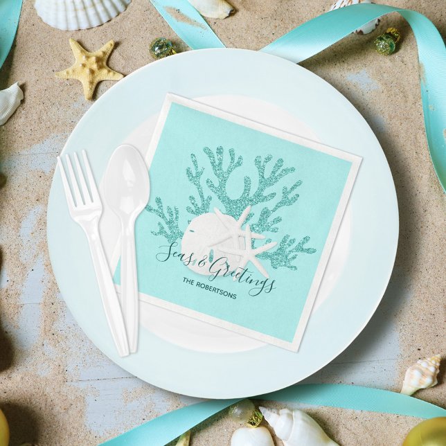 Christmas Beach Seas & Greetings Sand Dollar Aqua Napkin (Creator Uploaded)