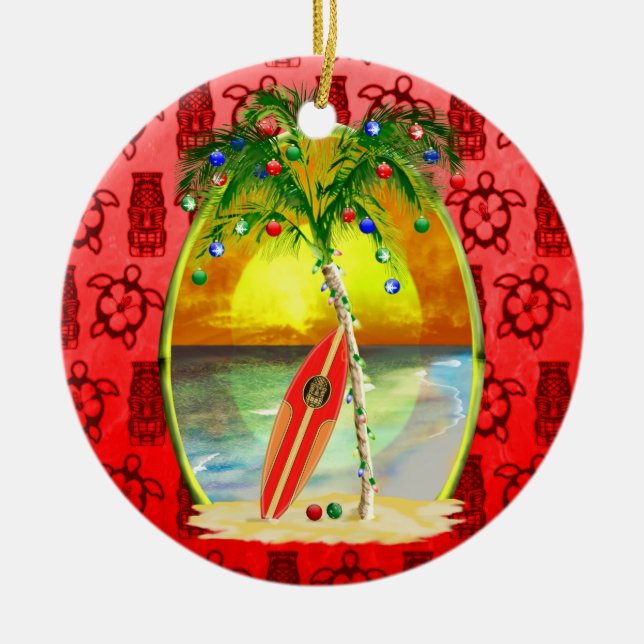Christmas Beach Sunset Ceramic Tree Decoration (Front)