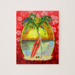 Christmas Beach Sunset Jigsaw Puzzle<br><div class="desc">Happy Holidays from the warm sandy beaches of your favourite tropical island beach. Palm tree decorated with Christmas ornaments and lights,  with a retro surfboard leaning against the Christmas tree in front a sunset over the ocean. Red holiday colour background of Hawaiian Honu sea turtles and hibiscus flowers.</div>