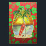 Christmas Beach Sunset Tea Towel<br><div class="desc">Happy Holidays from the warm sandy beaches of your favourite tropical island beach. Palm tree decorated with Christmas ornaments and lights, with a retro surfboard leaning against the Christmas tree in front a sunset over the ocean. Red and green holiday colour background of Hawaiian Honu sea turtles and hibiscus flowers....</div>
