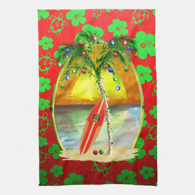 Christmas Beach Sunset Tea Towel (Vertical)