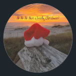 Christmas beach theme stickers with Santa Hat<br><div class="desc">Send a fun holiday greeting to your friends and family with these festive Christmas labels.  This photo is of a beautiful sunrise in Amelia Island,  FL.  These labels will be the perfect addition to your cards or holiday wrapping!</div>
