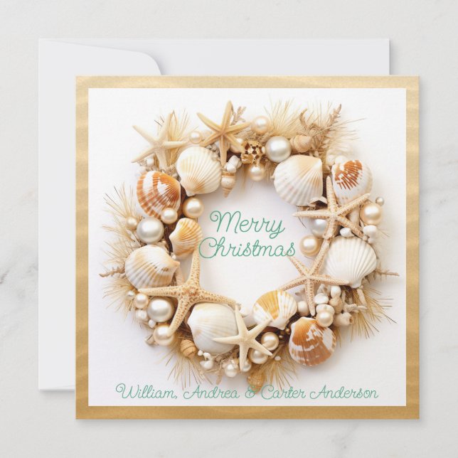 Christmas Beach Waves Seashells Starfish Pearls Holiday Card (Front)