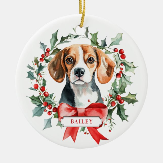 Christmas Beagle Dog Ceramic Circle Ornament (Front)