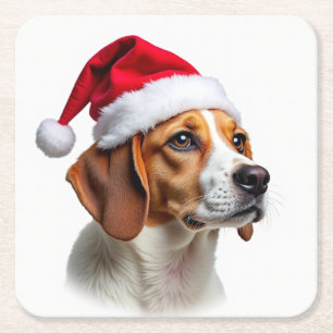 Christmas Beagle Dog in Santa Hat Square Paper Coaster