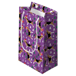 Christmas Beagle Dogs Purple Santa Hat Pattern Small Gift Bag