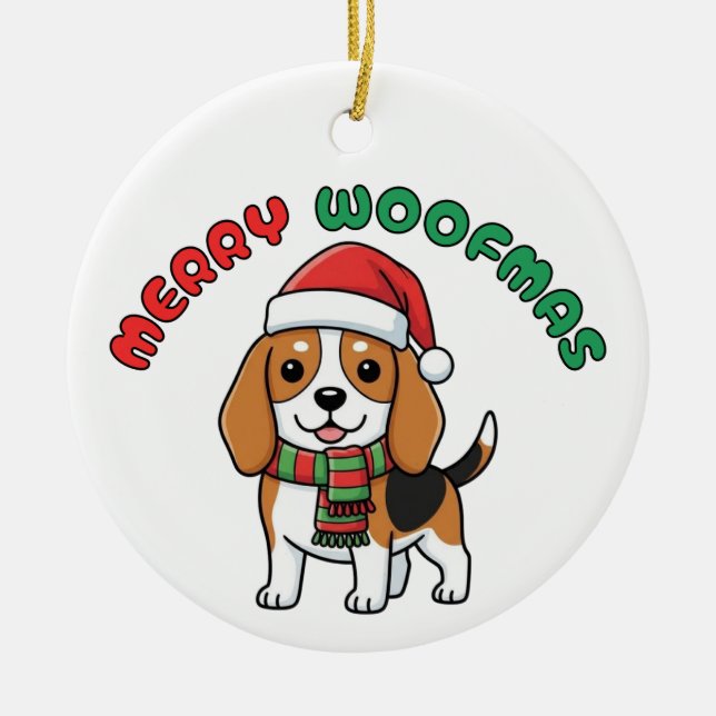 Christmas Beagle Ornament: Merry Woofmas Ceramic Tree Decoration (Front)