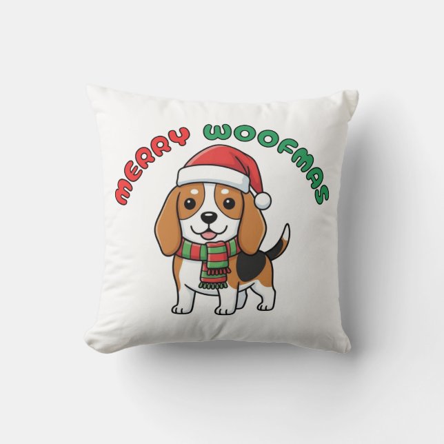 Christmas Beagle Pillow: Merry Woofmas Cushion (Front)