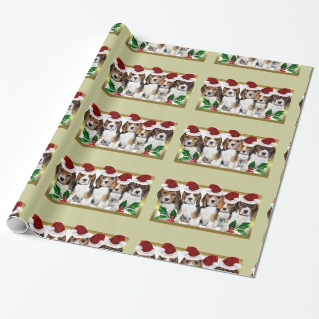 Christmas beagle  puppies green wrapping paper (Unrolled)