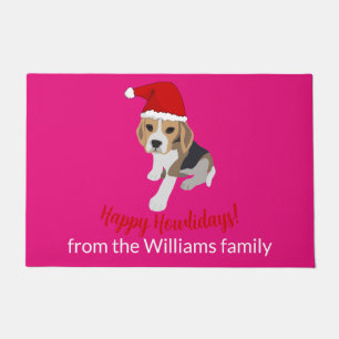CHRISTMAS BEAGLE PUPPY IN RED XMAS SANTA HAT PINK DOORMAT