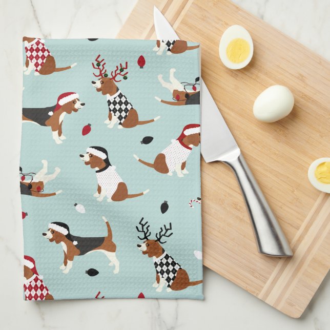 Christmas Beagles Blue Kitchen Towel (Quarter Fold)
