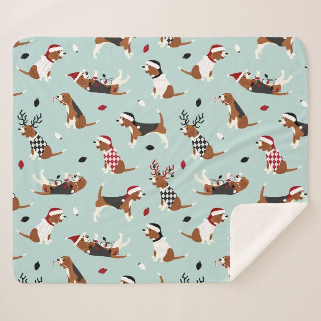 Christmas Beagles Blue Sherpa Blanket (Front (Horizontal))