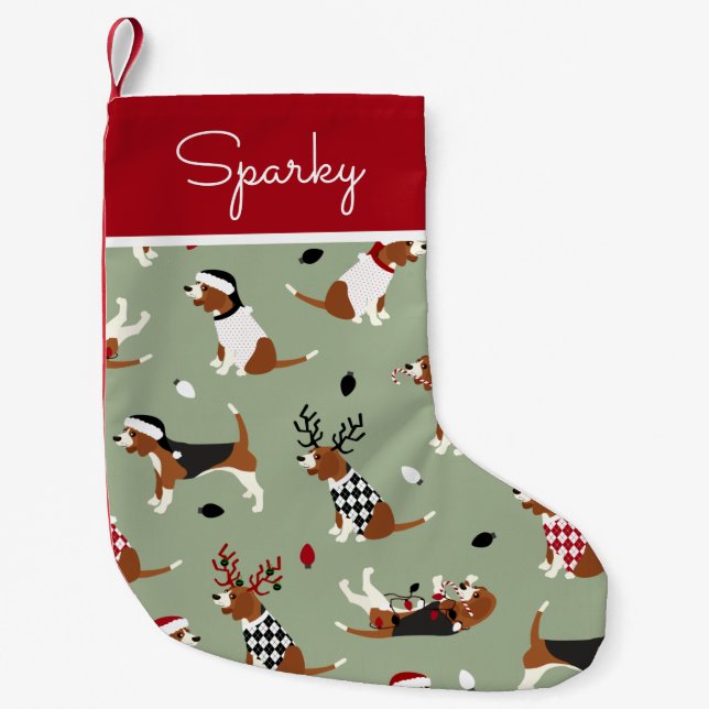 Christmas Beagles Green Small Christmas Stocking (Front)