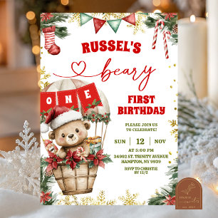 Christmas Bear Air Balloon First Birthday Invitation