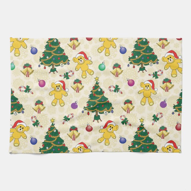 Christmas bear,bells and tree tea towel (Horizontal)
