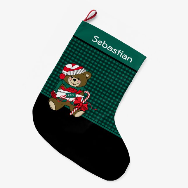 Christmas Bear Black & Green Plaid Personalized Large Christmas Stocking (Front (Hanging))
