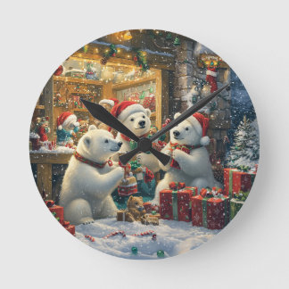 Christmas Bear Family at Gift Shop Round Clock