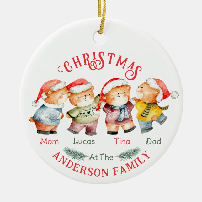 Christmas bear family of 4 name  ceramic tree decoration (Front)
