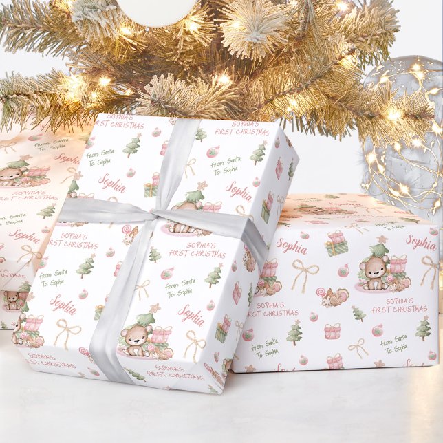 Christmas Bear Girl Pink Name Text Christmas Wrapping Paper (Christmas Bear Girl Pink Name Text Christmas Wrapping Paper)