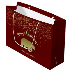 Christmas Bear Gold And Burgundy Large Gift Bag