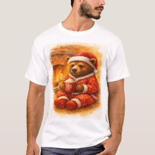 Christmas Bear in Red Pyjamas by the Fireplace T-Shirt