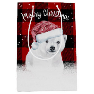 Christmas Bear On Buffalo Plaid Medium Gift Bag