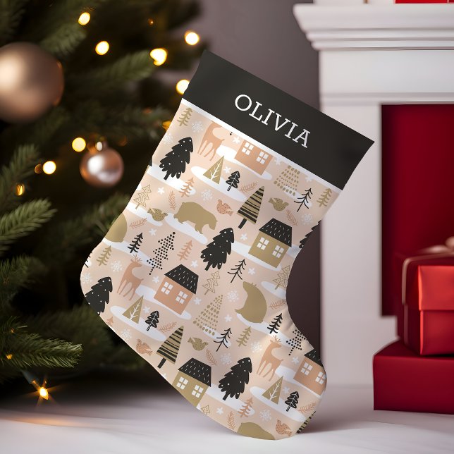 Christmas Bear Village Pink Black Gold Modern Small Christmas Stocking (Creator Uploaded)