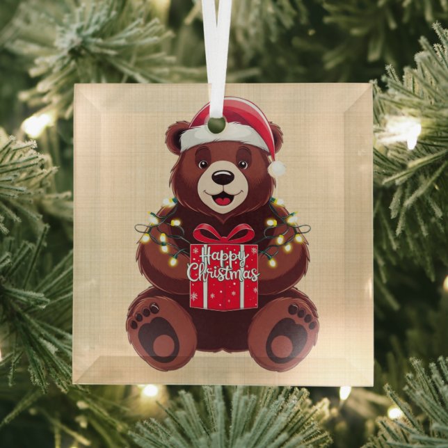 Christmas Bear with Gift and Lights Glass Tree Decoration (Insitu)