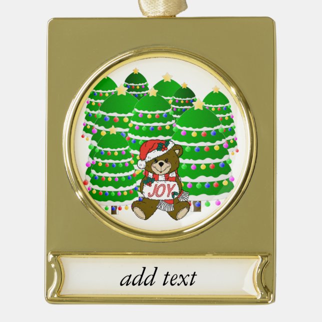 Christmas Bear with JOY Sign and Christmas Trees Gold Plated Banner Ornament (Front)